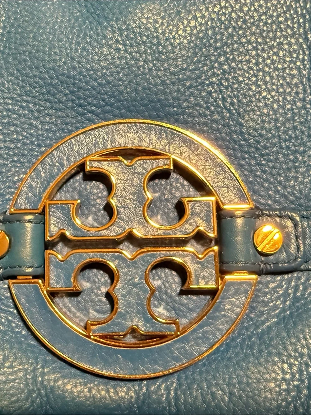 TORY BURCH Bright Blue Pebbled Leather 2 Way Shoulder Bag with Gold Logo - Picture 15 of 16